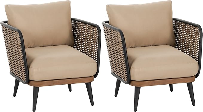 Christopher Knight Home Xayah Patio Wicker Accent Chair Set of 2, Outdoor Lounge Chair with Water-Resistant Cushion, Woven Faux Rattan Backrest & Armrest, Sturdy Metal Frame Armchair, Brown + Khaki