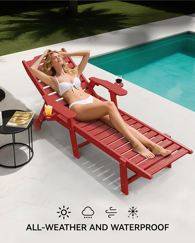 Carauci Lounge Chair Outdoor, HDPE Chaise Lounge with Wheels - Photo 4