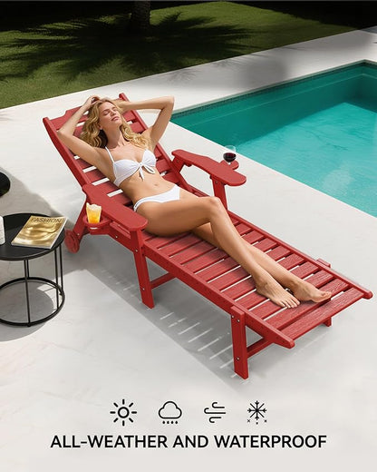 Carauci Lounge Chair Outdoor, HDPE Chaise Lounge with Wheels, 5-Position Adjustable Backrest & 2 Cup Holders Patio Lounge Chair, All-Weather Pool Sun Lounger for Poolside, Backyard, Red