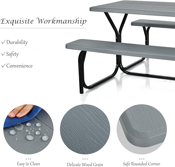 Giantex Picnic Table Bench Set Outdoor Camping All Weather Metal Base Wood-Like Texture Backyard Poolside Dining Party - Photo 4