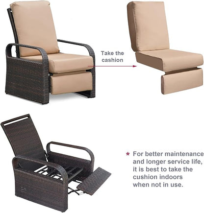 ATR ART TO REAL Outdoor Wicker Recliner Chair with 5.5'' Cushions, Automatic Adjustable Patio Lounge Chairs, Aluminum Frame Reclining Chair for Lawn Backyard Porch Poolside Deck (Khaki)