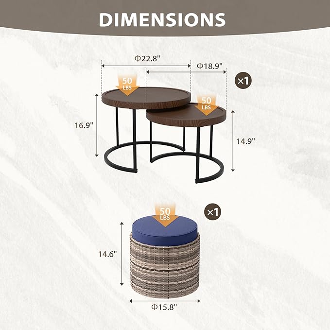 EAGLE PEAK Sunset Dune Collection Round Modern Nesting Coffee Tables, Wood Grain Top Stacking Accent Tables, Matching Ottoman, Indoor Outdoor, Set of 3, Blue