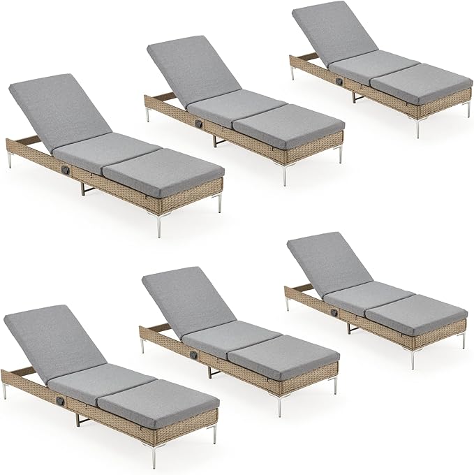 HOMREST Outdoor Chaise Lounge Chair Set of 6, Patio Wicker Lounge Chairs with Adjustable Backrest - Photo 1