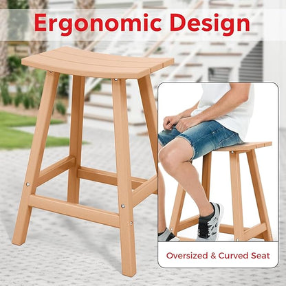 Costaelm All-Weather Bar Stools Set of 3, 24" Height Outdoor Bar Stools, Adirondack Poly Patio Bar Stool for Patio, Deck, Kitchen Counter and Garden, Teak