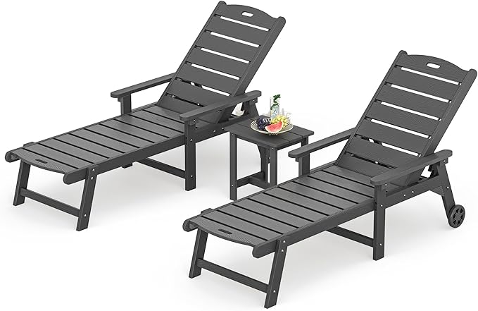 LUE BONA Chaise Lounge Chair with Table, 3-Piece, HDPS Chaise Lounger, 5 Positions Adjustable Lounge Chairs - Photo 1