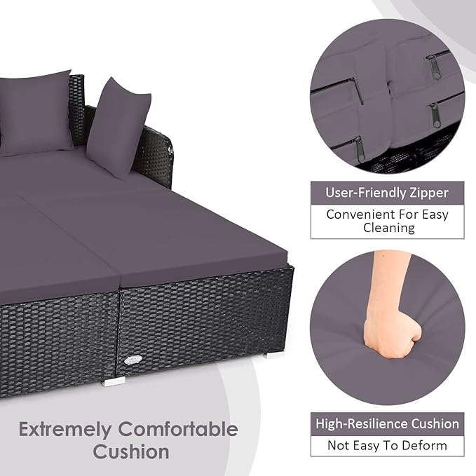 COSTWAY Outdoor Patio Rattan Daybed, Sponge Cushioned Loveseat Sofa with 4 Pillows, Wicker Furniture Sunbed for Balcony - Photo 8