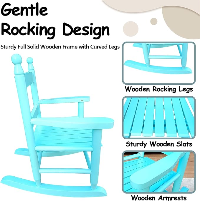 Toddler Rocking Chair for Kids Age 2-5, Hardwood Porch Rocker with Back Support & Armrest for Small Spaces Living Room Outdoor Garden, Easy Assembly (Light Blue)