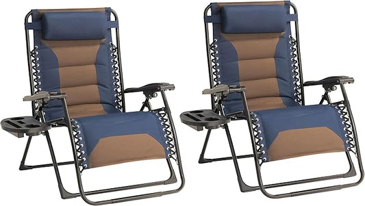 Zero Gravity Chair Set of 2 Oversized Padded Recliner with Adjustable Headrest & Cup Holder - 600D Oxford Folding Lounge Chair for Outdoor Camping, Patio, Poolside (Brown & Blue)