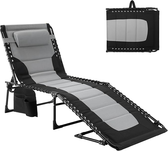 TLSUNNY Padded Folding Lounge Chair, Portable Reclining Chair with Pillow & Side Pocket, Outdoor 5-Position Adjustable Chaise Lounger with Carrying Handle, for Beach, Pool, Sunbathing (Black & Gray)
