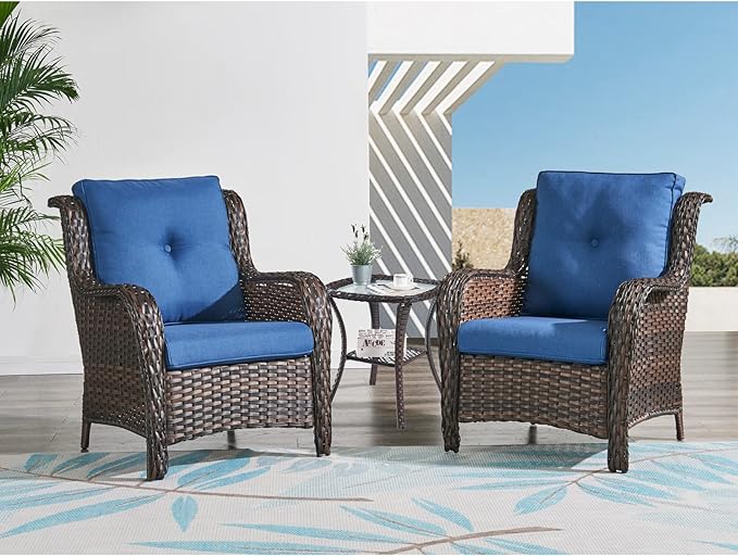 HUMMUH 3 Pieces Patio Bistro Set Wicker Patio Chairs Set of 2 with Tempered Glass Top Side Table Rattan Outdoor - Photo 2