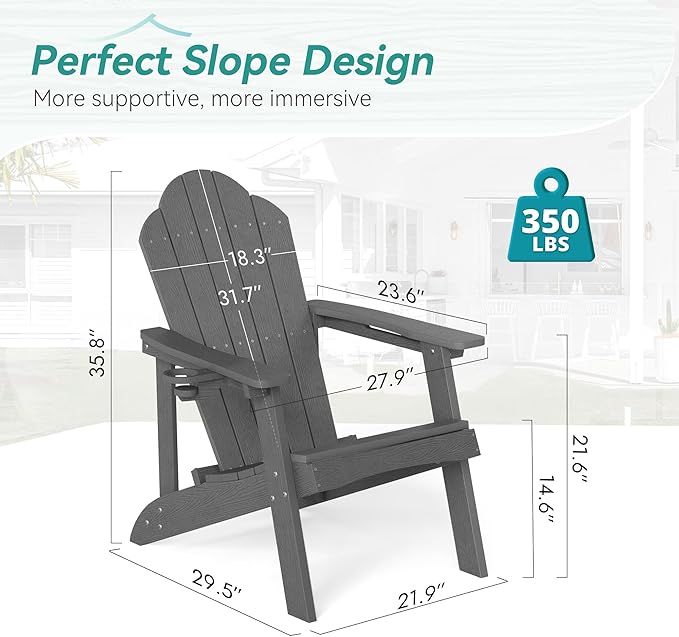 Matte HDPE Adirondack Chairs Set of 2, Weather Resistant Outdoor Seating with Hidden Cup Holder for Porch, Urban Patio, Deck & Fire Pit, Dark Gray