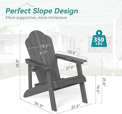 Matte HDPE Adirondack Chairs Set of 2, Weather Resistant Outdoor Seating with Hidden Cup Holder for Porch, Urban Patio, Deck & Fire Pit, Dark Gray