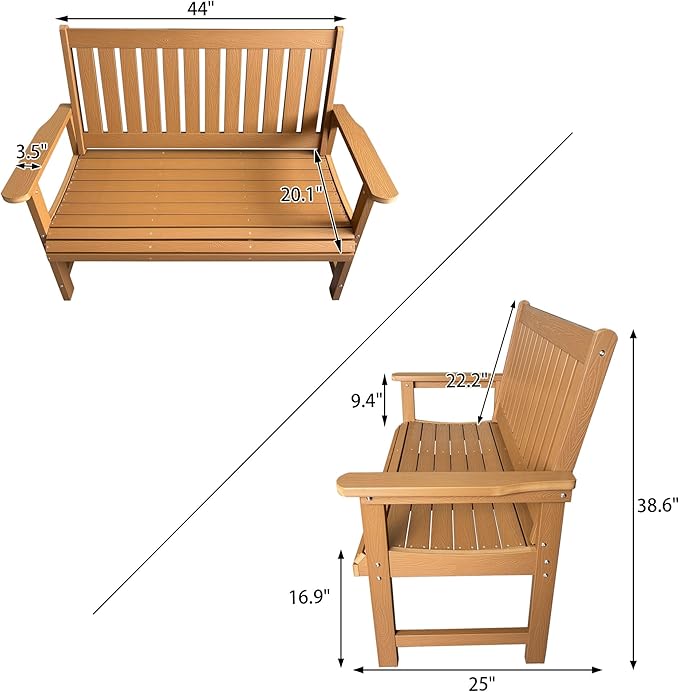 Poly Lumber Outdoor Bench, HIPS All-Weather Bench, Never Rots or Fades, for Patio, Porch, Garden and Park, 700 lbs Weight Capacity (Brown, 44-inch)