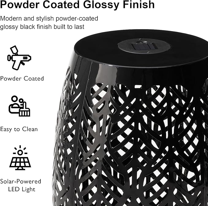 Glitzhome Set of 2 Outdoor Side Table with Leaf Pattern Solar Powered Light, 18.25" H Iron Cutout Drum Garden Stool Solar Decorative Lanterns, Metal End Table Plant Stand for Indoor Outdoor, Black