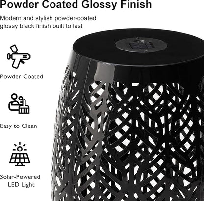 Glitzhome Set of 2 Outdoor Side Table with Leaf Pattern Solar Powered Light, 18.25" H Iron Cutout Drum Garden Stool Solar Decorative Lanterns, Metal End Table Plant Stand for Indoor Outdoor, Black