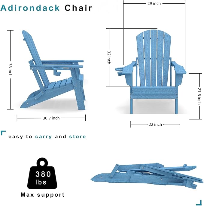 Folding Adirondack Chair，Wooden Textured Fire Pit Chair with Cup Holder, Heavy All-Weather HDPE Plastic Outdoor Patio Chairs for Poolside Backyard Patio Outdoor Garden