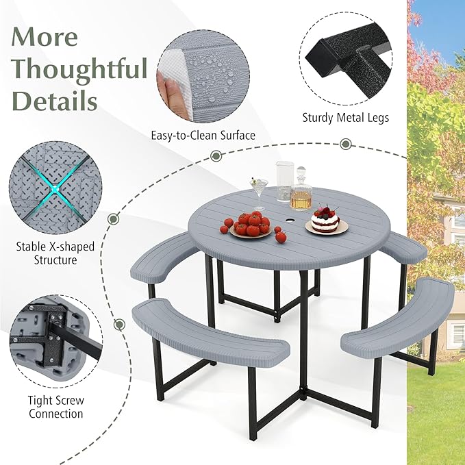 Giantex Picnic Table Bench Set for 4-8 Person, Round 37” Outdoor Dining Table w/Umbrella Hole, HDPE Tabletop - Photo 7