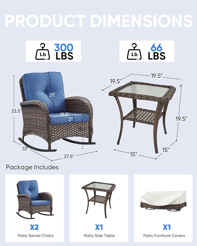Outdoor Rocking Chairs Set of 2-Patio Table and Chairs Set Outdoor Conversation Furniture Sets for Deck Porch Garden Balcony Poolside-Brown/Blue