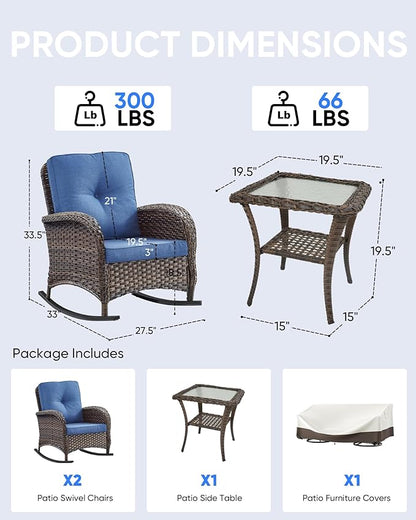 Outdoor Rocking Chairs Set of 2-Patio Table and Chairs Set Outdoor Conversation Furniture Sets for Deck Porch Garden Balcony Poolside-Brown/Blue