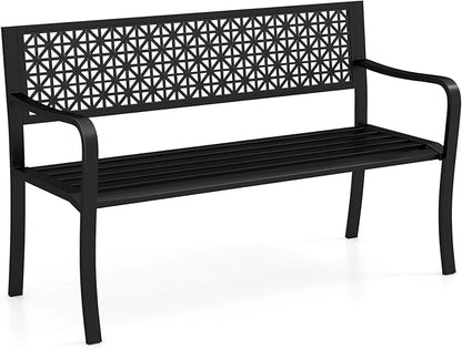Tangkula Metal Outdoor Park Bench, 50 Inches Patio Garden Bench with Patterned Backrest and Curved Armrests, 2-3-Person Patio Bench, Outdoor Metal Loveseat Chair for Porch, Lawn, Yard and Park