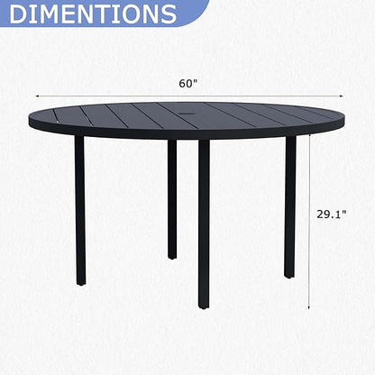 60" Round Patio Dining Table for 8, All-Weather Metal Patio Table with Umbrella Hole, Outdoor Round Dining Table for Lawn Garden Porch, Black