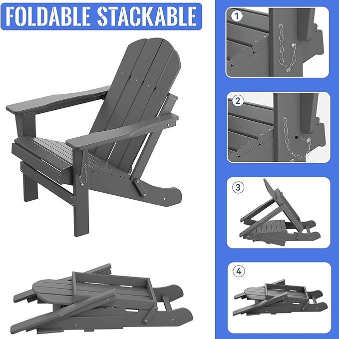 Folding Adirondack Chair, All-Weather Fire Pit Chairs, Oversized All Weather Resistant Outdoor Adirondack Chair for Firepit Area BBQ Beach Deck Garden Lawn Backyard Pool (Antique Gray)