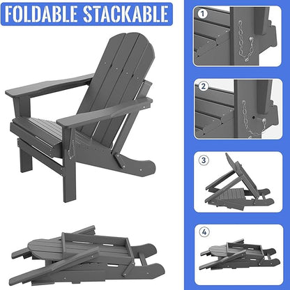 Folding Adirondack Chair, All-Weather Fire Pit Chairs, Oversized All Weather Resistant Outdoor Adirondack Chair for Firepit Area BBQ Beach Deck Garden Lawn Backyard Pool (Antique Gray)
