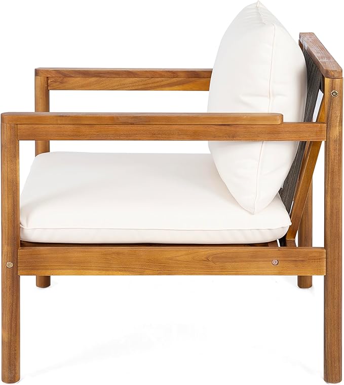 Christopher Knight Home Krixi Acacia Wood Lounge Chair Outdoor with Rope Accent, Accent Chair with Water-Repellent Cushions, Comfy Chairs for Garden/Backyard, Heavy Duty Patio Furniture, Teak + Cream