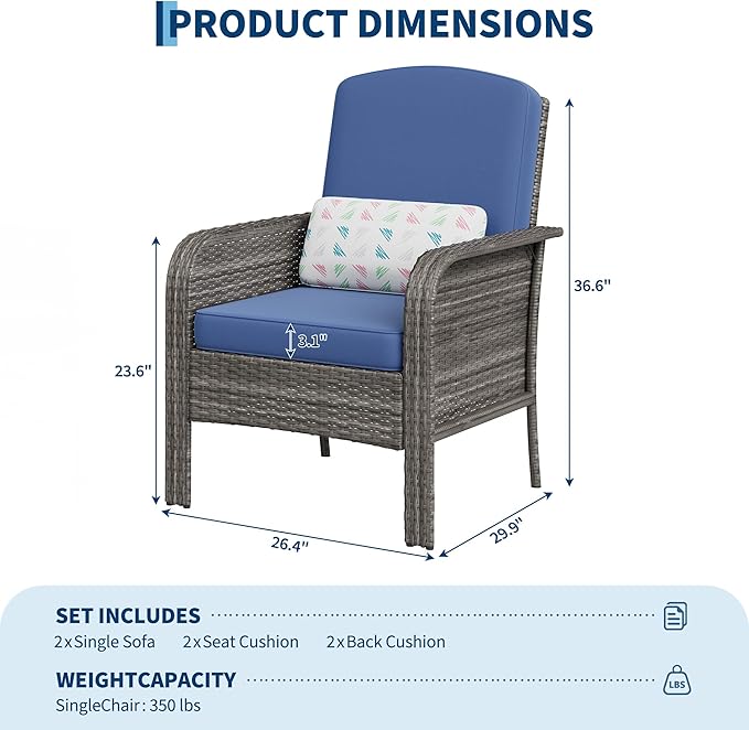 GarveeHome Outdoor Wicker Chairs Set of 2, All-Weather High Back Rattan Patio Furniture - Photo 2