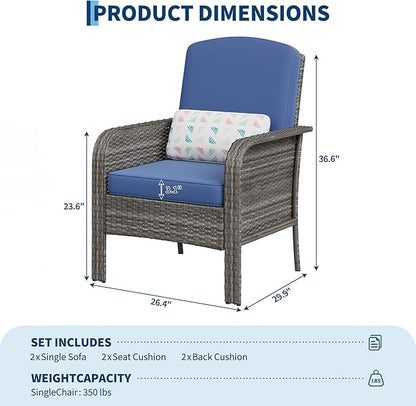 GarveeHome Outdoor Wicker Chairs Set of 2, All-Weather High Back Rattan Patio Furniture, 2-Piece Conversation Set with Comfy Cushions for Porch, Deck (Gray, Blue Cushion)