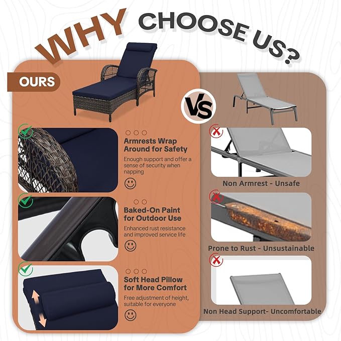 HOMEDIARY 2-Piece Outdoor Wicker Lounge Chairs with Cushion, Rattan Patio Chaise Loungers with 6-Level Backrest, All Weather Lay Flat Pool Sunbathing Recliner Chair, Armrest and Head Pillow, Navy Blue
