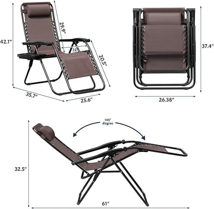 Greesum Zero Gravity Chairs Set of 2 Adjustable Steel Mesh Recliners Beach Deck Lawn Camping Patio Foldable Lounge Chair with Cup Holder Trays and Pillows,Brown