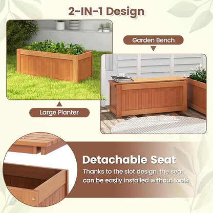2 Pcs Raised Garden Bed with Bench, 2 in 1 Wooden Outdoor Planter Bench w/Removable Top, Open Base & 45 Gallon Large Capacity, Rectangular Planter Box for Flowers Herbs, Patio Yard Balcony