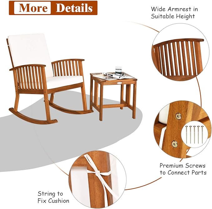Tangkula Acacia Wood Patio Bistro Set, Outdoor Rocking Chair with Table, Porch Rocker with Thick Cushion of Detachable Cover, Porch Rocking Chair Table Set for Outdoor Indoor Patio Backyard, Teak