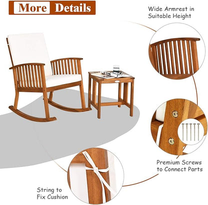 Tangkula Acacia Wood Patio Bistro Set, Outdoor Rocking Chair with Table, Porch Rocker with Thick Cushion of Detachable Cover, Porch Rocking Chair Table Set for Outdoor Indoor Patio Backyard, Teak