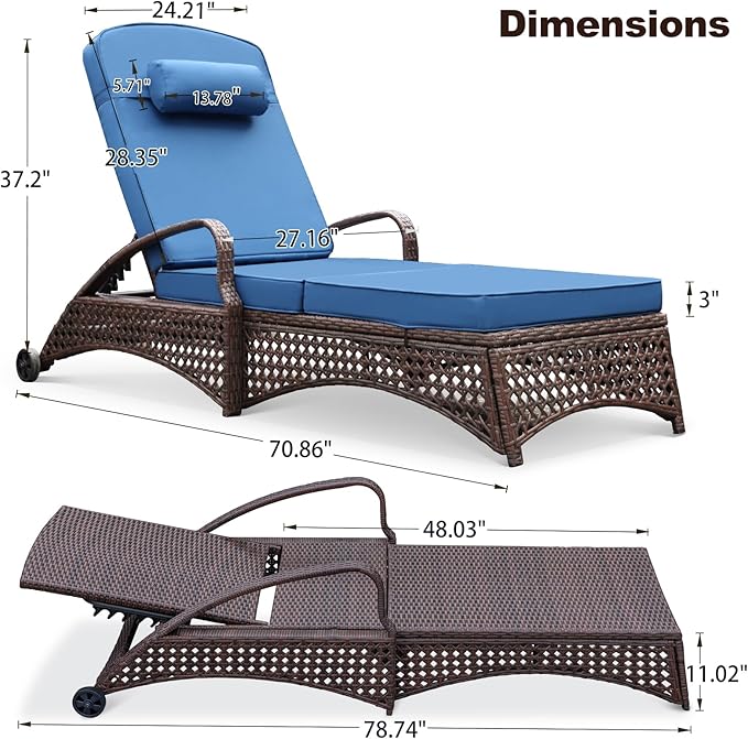 NOBLEMOOD Chaise Lounge Outdoor Wicker Lounge Chair with Wheels, Adjustable 6 Position Pool Reclining Chair with Blue Thickened Fabric Cushion & Pillow, Pack of 4