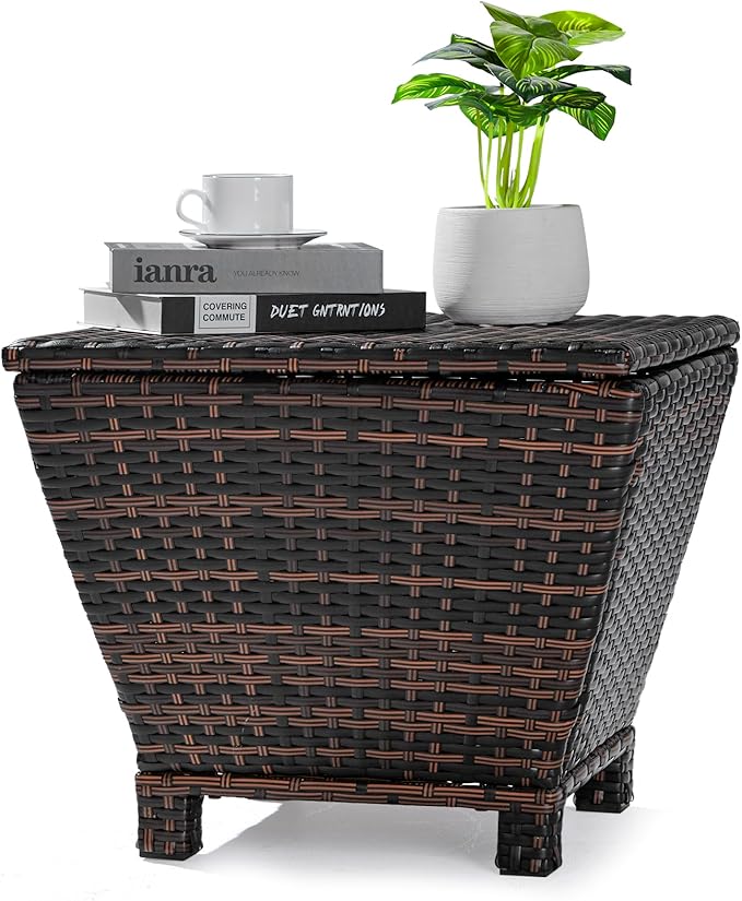 Outdoor PE Wicker Side Table with Storage, Small Patio Storage Bin Container for Hose Cushion Towel