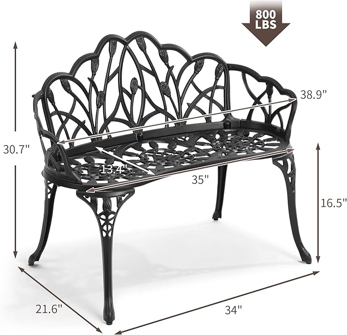 HOMEFUN Outdoor Bench, Patio Garden Benches Metal Loveseat Cast-Aluminum Outside Furniture for Park Lawn Front Porch - Photo 2
