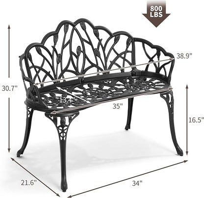 HOMEFUN Outdoor Bench, Patio Garden Benches Metal Loveseat Cast-Aluminum Outside Furniture for Park Lawn Front Porch Black