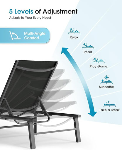 Ciokea Foldable Outdoor Lounge Chair Set of 2, No Assembly Aluminum Chaise Lounge Outdoor with 5 Adjustable Positions, Pool Lounge Chairs with Portable Design for Pool, Beach, Deck, Patio, Black