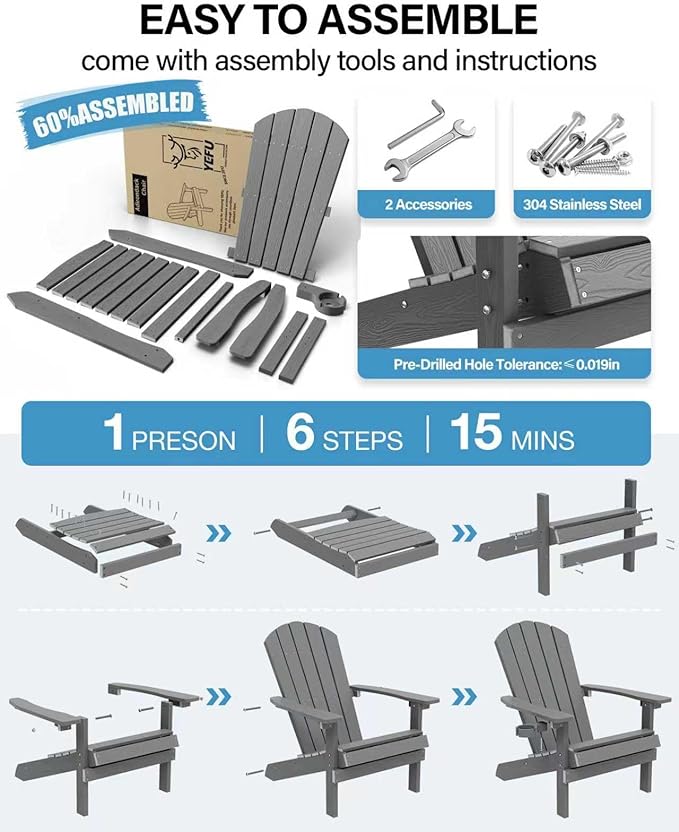 YEFU Adirondack Chair for Outdoor Patio: Zero Gravity Fire Pit Chair Plastic with Cup Holder & Wood Texture - Sturdy All-Weather HIPS for Backyard Poolside Lawn - Easy Assembly(Grey)