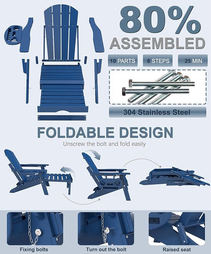 Adjustable Adirondack Chair with Retractable Ottoman Set of 8, HDPE Folding Adirondack Chair with Cup Holder, All Weather Fire Pit Chair for Outdoor.