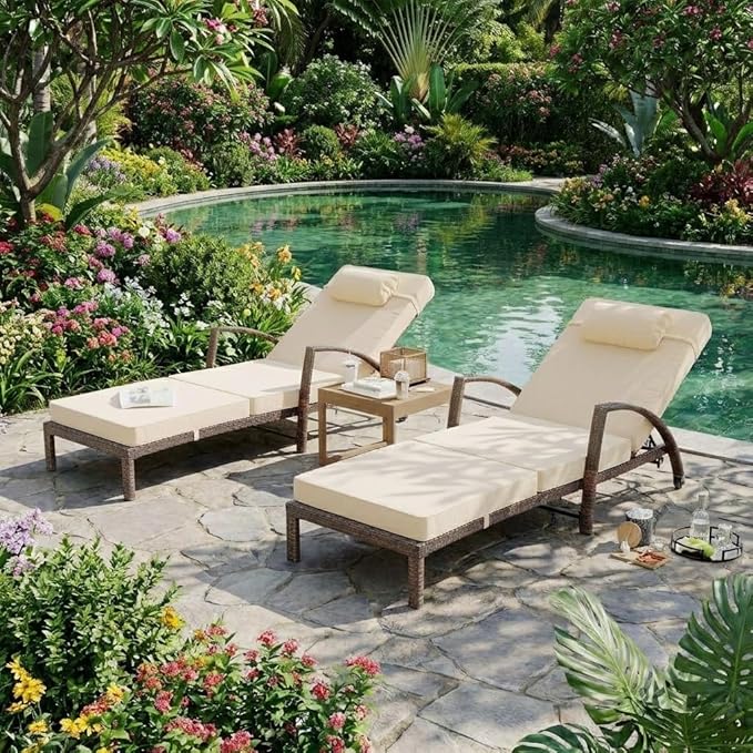 Outdoor Chaise Lounge Set of 2, 5-Position Adjustable PE Wicker Reclining Chairs with Wheels & 3.5" Cushions, 400 lbs Capacity All-Weather Patio Furniture for Poolside, Garden, Beach(Beige)