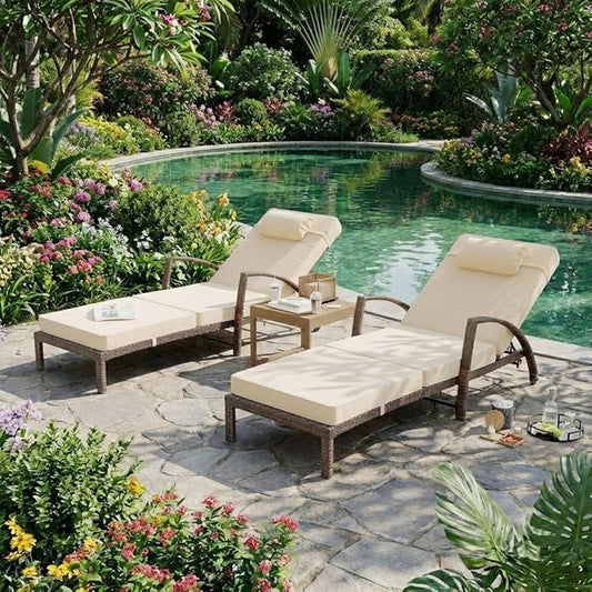 Outdoor Chaise Lounge Set of 2, 5-Position Adjustable PE Wicker Reclining Chairs with Wheels & 3.5" Cushions, 400 lbs Capacity All-Weather Patio Furniture for Poolside, Garden, Beach(Beige)