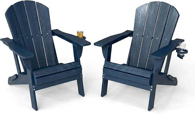 Kingdura Folding Adirondack Chairs Set of 2, Portable HDPE All Weather Resistant Outdoor Patio Chair, Wooden Textured with Cup Holder, 380LBS Capacity for Poolside, Backyard, Fire Pit (Navy Blue)