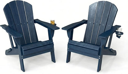 Kingdura Folding Adirondack Chairs Set of 2, Portable HDPE All Weather Resistant Outdoor Patio Chair, Wooden Textured with Cup Holder, 380LBS Capacity for Poolside, Backyard, Fire Pit (Navy Blue)