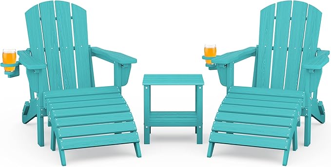 SERWALL 5-Piece Folding Adirondack Chair and Ottoman and Table Set, HDPE Adjustable Adirondack Chairs Set, Aruba - Photo 1