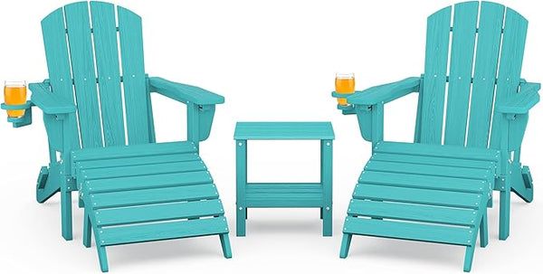 SERWALL 5-Piece Folding Adirondack Chair and Ottoman and Table Set, HDPE Adjustable Adirondack Chairs Set, Aruba - Photo 1