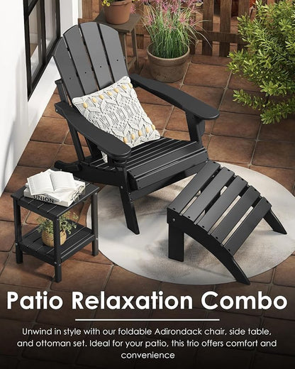 GREENVINES Folding-Adirondack-Chairs-Set-of-4 | HDPE Plastic | Fire Pit Chair | All Weather | Cup Holder | Black | for Deck Backyard Patio Outdoor Garden