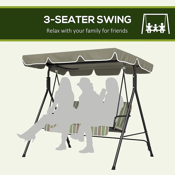 Outsunny 3-Seat Outdoor Patio Swing Chair with Removable Cushion, Steel Frame Stand and Adjustable Tilt Canopy for Patio - Photo 4